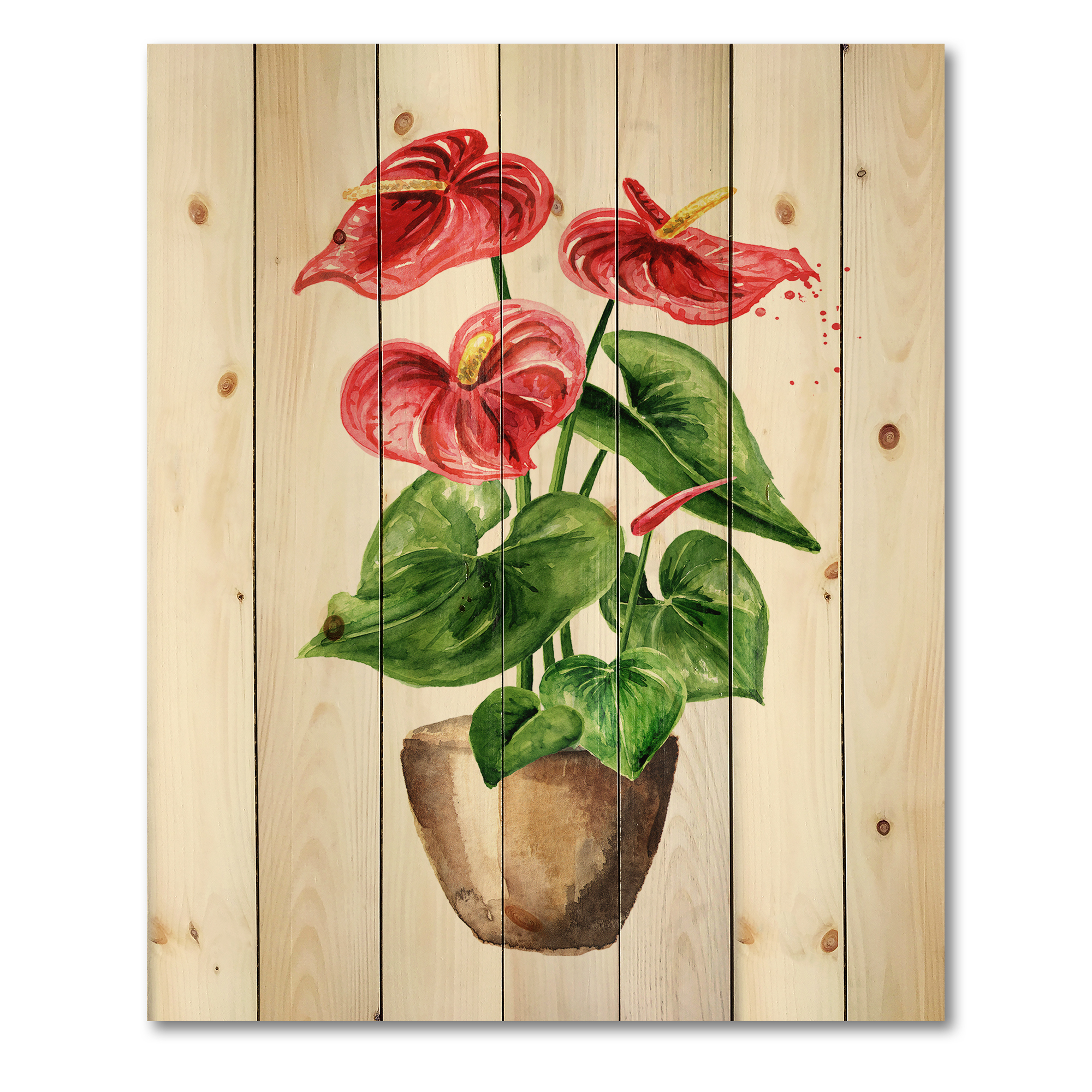 Designart 'Anthurium Tailflower In The Pot' Traditional Print on Natural Pine Wood