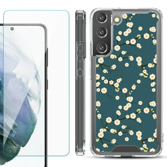 Shockproof Bumper Phone Case for Samsung Galaxy S22 5G, with Tempered Glass Screen Protector, by OneToughShield ® - Blossom Green