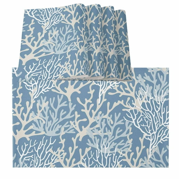 Blue Coral Coastal Placemats for Dinning Table Set of 4, Ocean Nautical Seaside Beach Burlap Kitchen Place Mats Waterproof Cloth Table Mats, Indoor Outdoor Placemats Easy Clean Dinner Decor