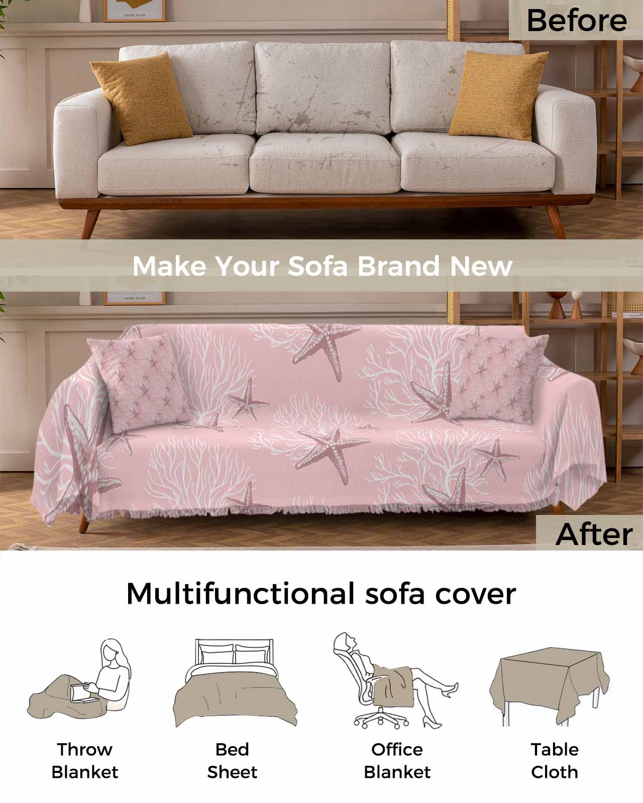 Pink Starfish Sofa Couch Covers for Dog,Washable Sectional Couch Slipcoverfor Loveseat with Tassels,Coastal Ocean Coral Sea Nautical Beach Non Slip Sofa Throw Cover Blanket Large 71''x102''