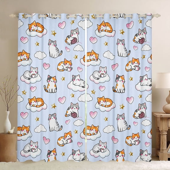 Feelyou Cat Kitten Curtains Pack of 2 (42x84 Each), Cartoon Love Heart Curtains Blackout