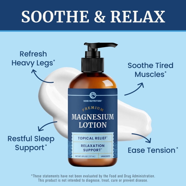 (2 pack) Nobi Nutrition Magnesium Lotion for Relaxation & Skin Moisture, Unscented Fast-Absorbing Body Cream with Shea Butter, 8 fl oz