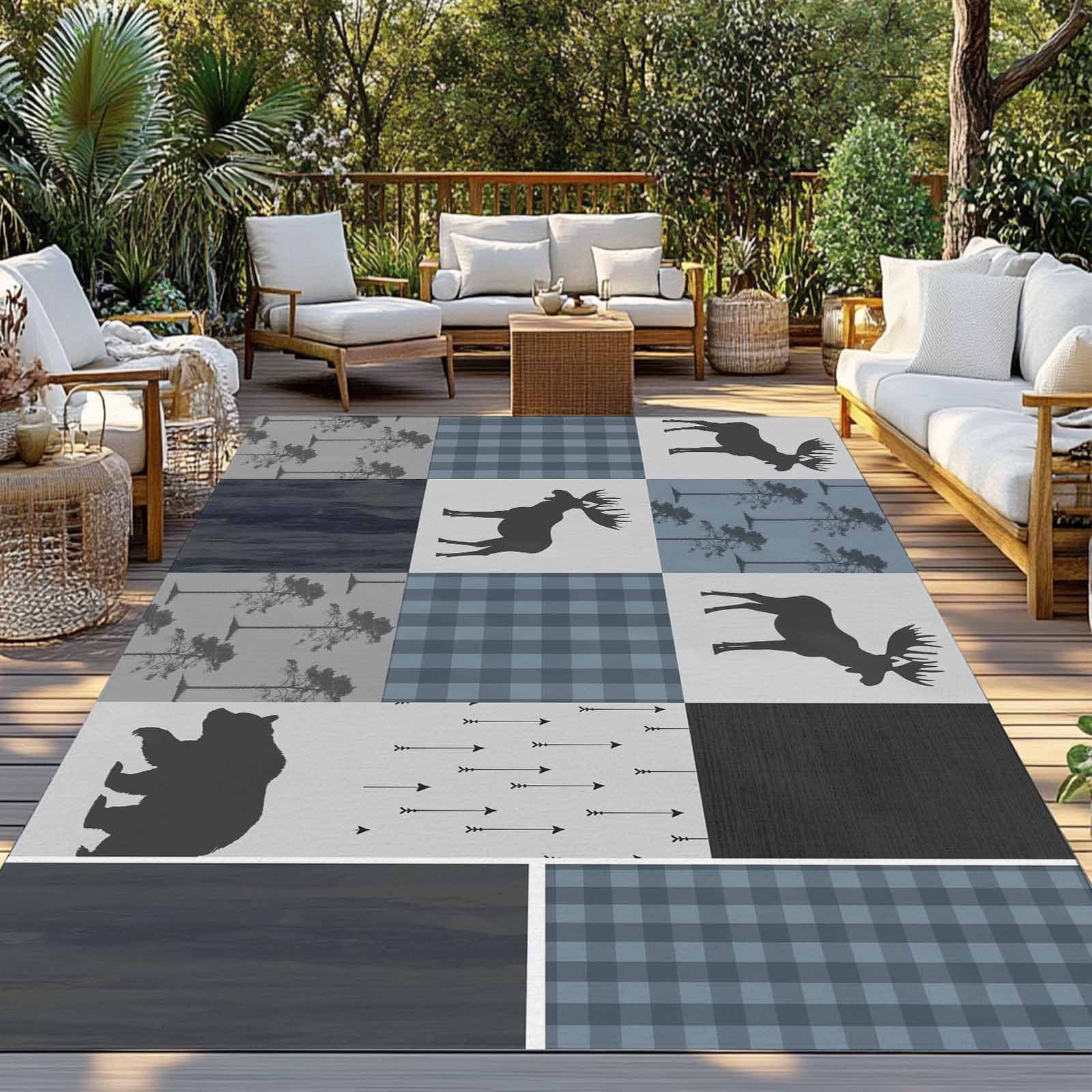 Outdoor Rug 6x9 ft Country Forest Bear Moose Waterproof Outdoor Patio Rug Mat Non Slip Outside Area Rugs Carpet for RV,Camping,Porch,Deck,Pool,Balconybackyard,Rustic Farmhouse Blue Black Plaid