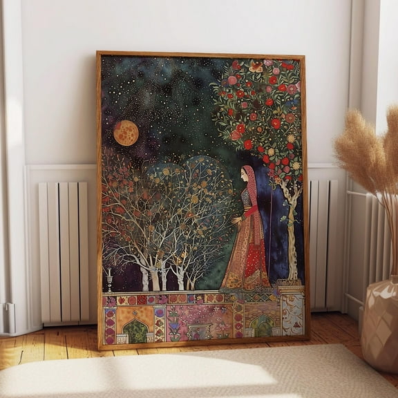 Woman In Red Under Starry Sky Wall Art - Persian Night Garden Wall Art - Middle East Garden Aesthetic Print Decor Wall Art, Modern Wall Decor, 8x12 UNFRAMED
