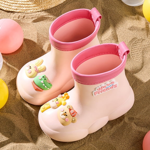 XIMIN Roller Rubber Easy on Rain Boots for Toddler Baby Girls Cartoon Giraffe Bear Pattern Waterproof Booties Mid Length Non Slip Winter Spring Fashion Cute Shoes