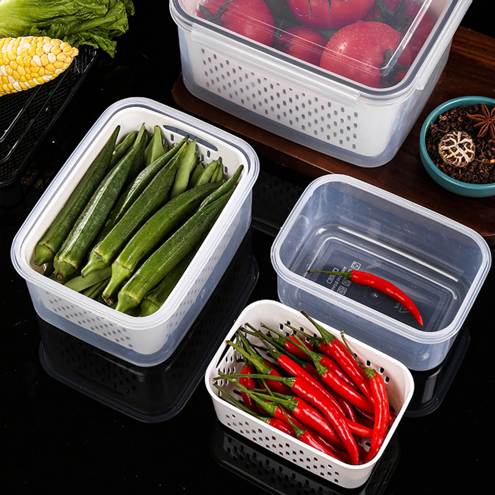 77L Food Storage Container, (3-pack) Plastic Food Containers with Removable Drain Plate and Lid, Stackable Portable Freezer Storage Containers - Tray