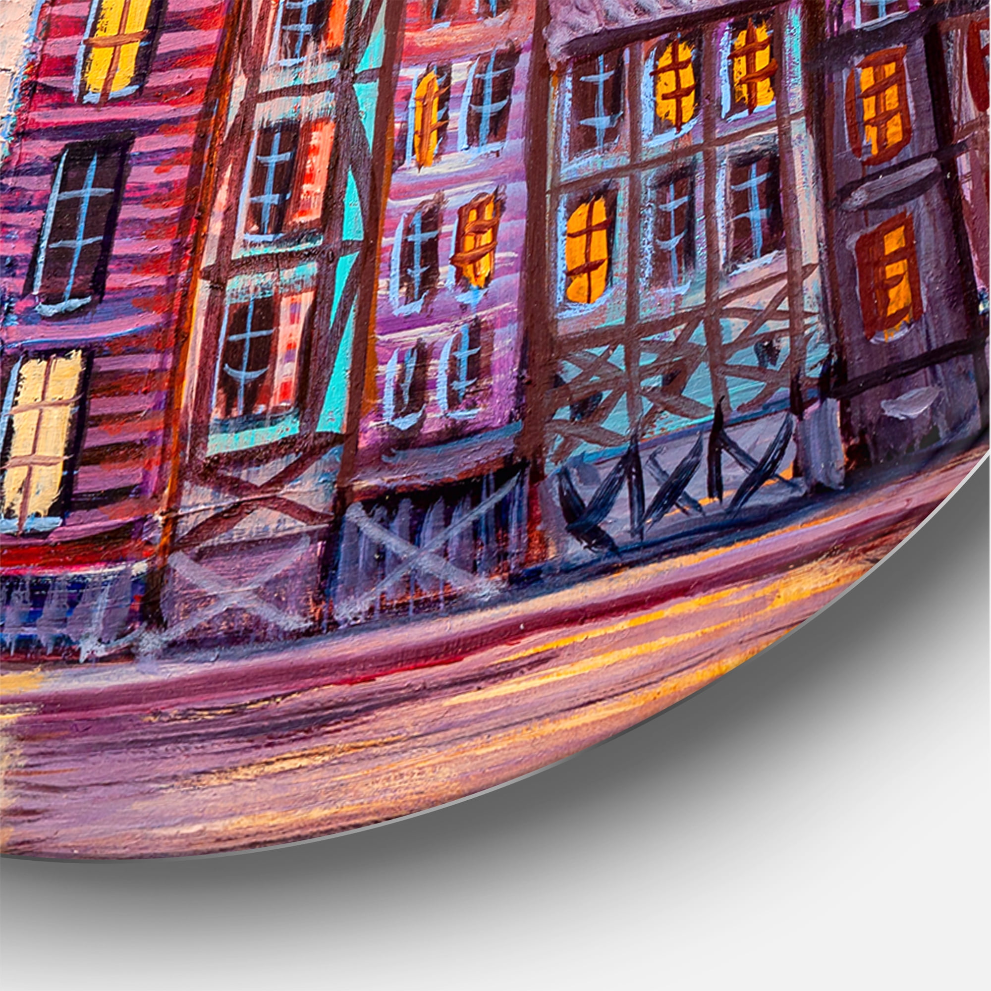 Designart 'Afternoon Street Scene In Old Town With Colorful Buildings' Mid-Century Modern Circle Metal Wall Art 23x23 - Disc of 23