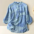 thumbnail image 2 of Usmixi Womens Shirts 3/4 Sleeve Crewneck Color Patchwork Summer Tops Fashion Button Down Plus Size Comfy Cotton Linen Blouse Blue XL, 2 of 3