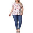 thumbnail image 2 of Blusa casual de verano para mujer de tallas grandes Agnes Orinda, con estampado floral, volantes, plisada, escote en V y mangas cortas, 2X, blanca con flores rosas., 2 of 6