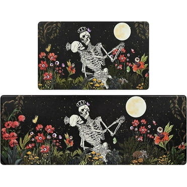 Waiparu Halloween Doormats Set of 2 Skeleton Floral Kitchen Rugs PVC Waterproof Floor Mats Anti Fatigue Rugs, 17"x 29"  17"x 47"