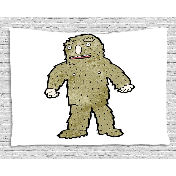 Bigfoot Tapestry, Quirky Bigfoot Figure with Grungy Colored Fur Hand-Drawn Retro Cartoon Concept, Wall Hanging for Bedroom Living Room Dorm Decor, 60W X 40L Inches, Khaki Black, by Ambesonne