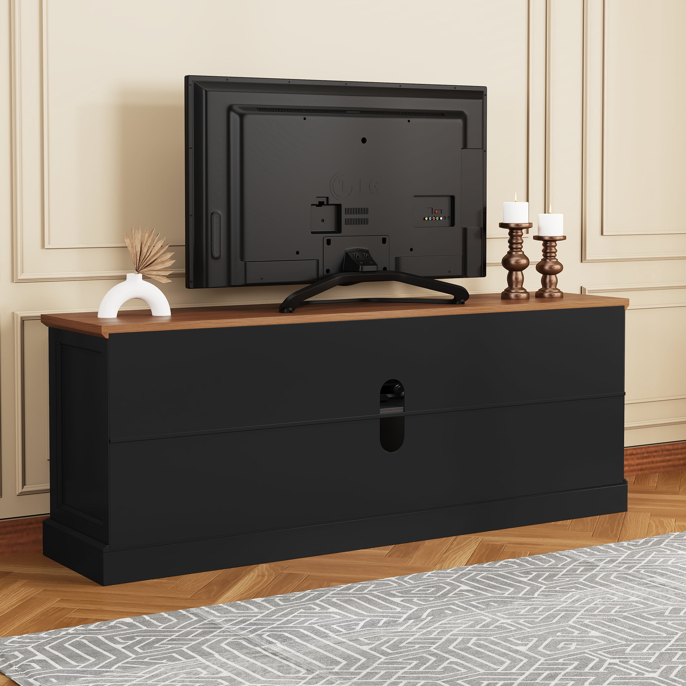 67" TV Stand for 75" TV with Storage and Shelves, Mid-Century Style, Black