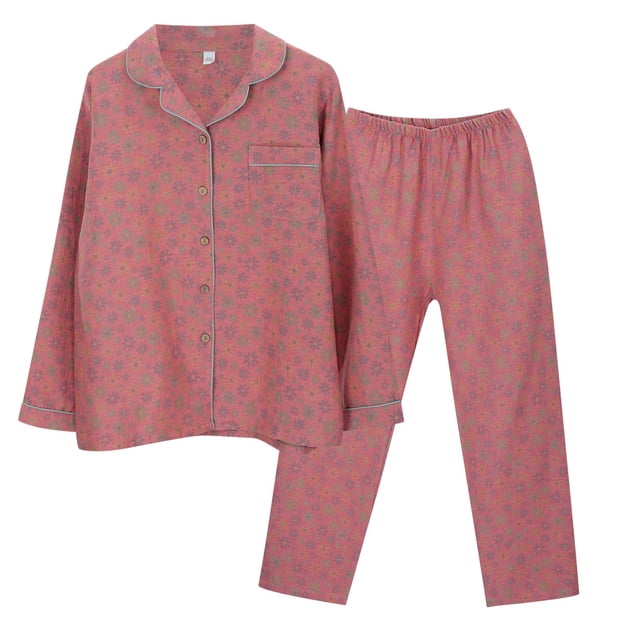 Ketyyh-chn99 Pyjama en Soie pour Femmes Printemps Automne Coton Manches Longues Col à Revers Vêtements de Maison Cardigan Pantalon Ensemble de Pyjama Rouge Melon D\'eau,L