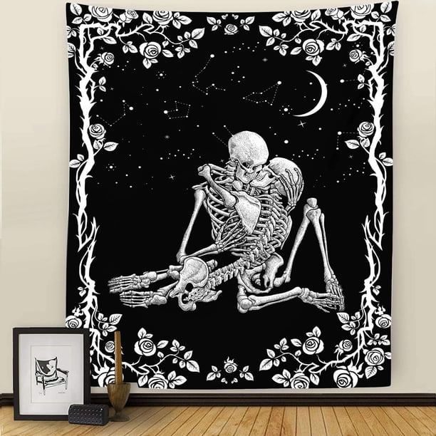ZHAOCHENG Tapiz de Calavera, Tapices Blancos y Negros Los Amantes Besándose, Tapiz Floral de Luna y Estrellas Estrelladas, Tapiz de Tarot de Esqueleto Humano para Colgar en Dormitorio, Dormitorio, Dec