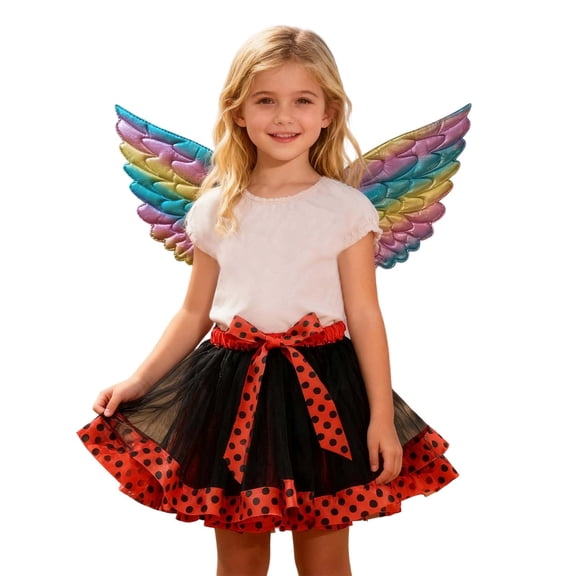 DHFJKG Girls Tutu Skirts Polka Dot Layered Bowknot Mini Mesh Skirt With Wings 2PCS Set Party Carnival Dance Performance Ballet Versatile Skirt