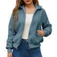 thumbnail image 2 of IROINNID Women's Casual Short Jacket Turndown Lapel Solid Color Blouson Jacket Long Sleeve Outwear, Blue, 2 of 5