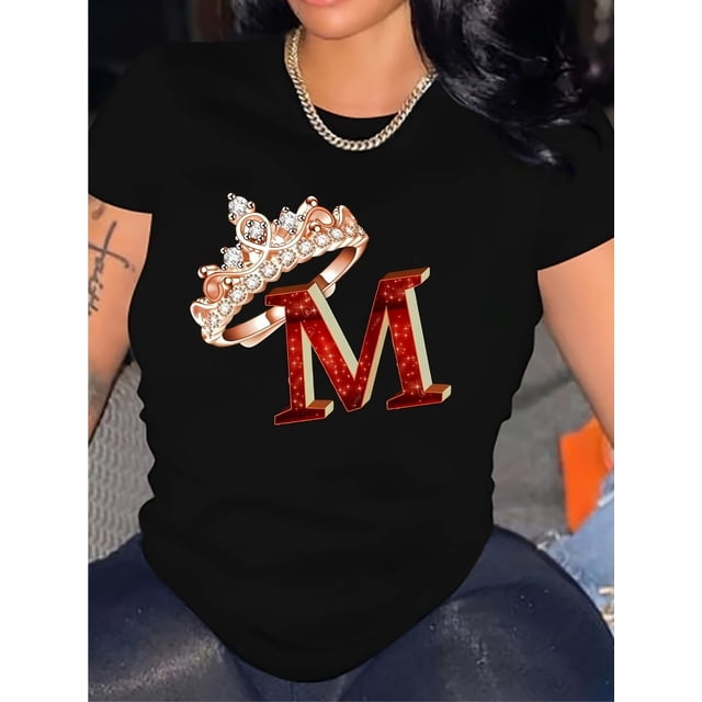 M Letter & Crown Graphic Print T-shirt, Short Sleeve Crew Neck Casual Top For Summer & Spring, Women's Clothing