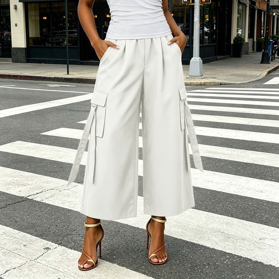 Cargo Capris Pants for Women, High Elastic Waist Wide Leg Street Wear Trendy Cropped Pants with Pockets