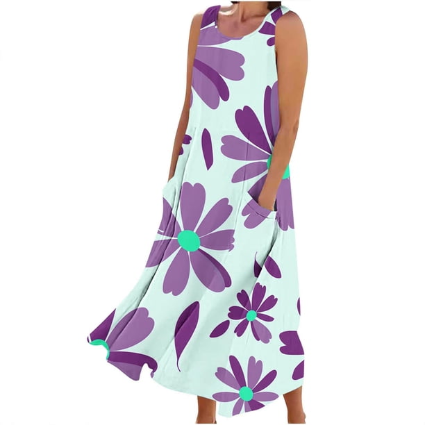 Vestido de Verano para las Mujeres sin Mangas Lino-Look Impreso Maxi, Suelto Fluido Y Vestido Sexy de Moda para las Mujeres