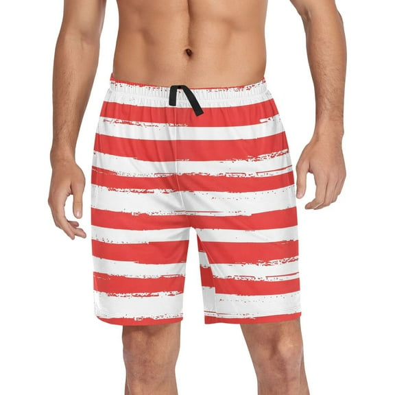 joogoo Mens Swim Trunks Red and White Stripes Beach Shorts Drawstring Elastic Waist Swimwear Bathing Suits L