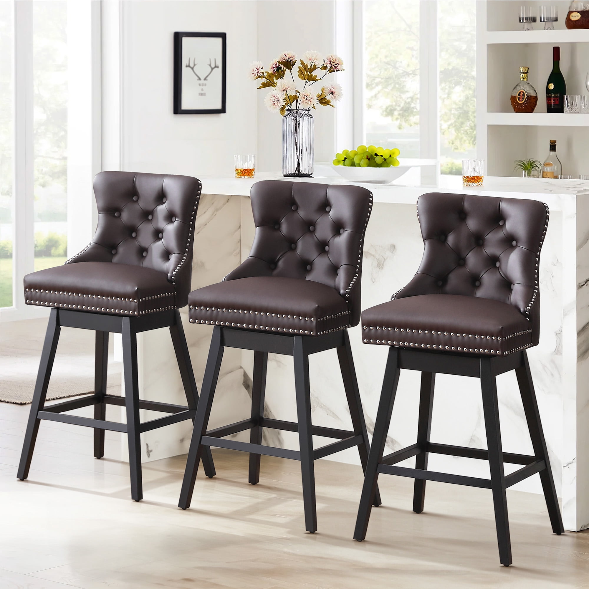 Tewloss 26" Swivel Bar Stools Set of 3 Leather Counter Height Chairs for Home Kitchen Dining, Brown