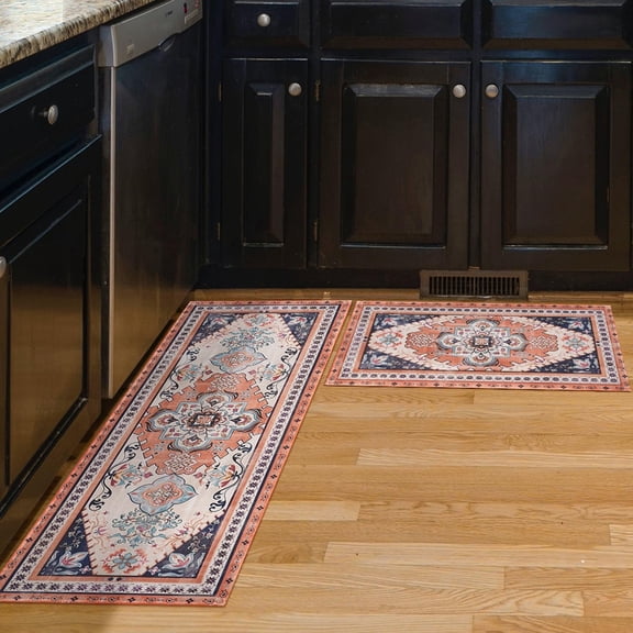 Bohemian Boho Kitchen Mats for Floor, Orange White Navy Blue Kitchen Rugs Set of 2 Carpet Area Rug Runner, Vintage Farmhouse Boho Kitchen Decor and Accessories Stuff, 17x30 and 17x47 Inch