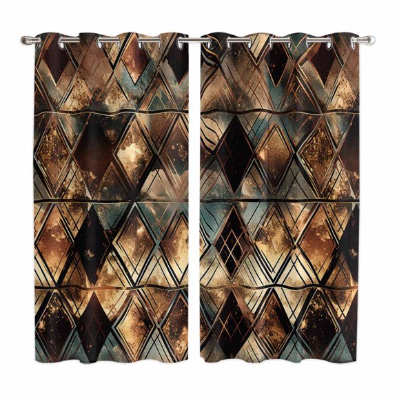 Brown Teal Geometric Kitchen Curtains 84 Inch Length, Retro Modern Plaid Abstract Art Grommet Top Bedroom Living Room Curtains, Light Filtering Cafe Curtain Drapes 2 Panels Set 104''x84''