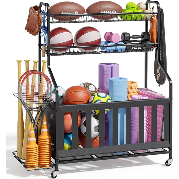 Sports Equipment Organizer - Multi-Use Ball Storage for Toys & Sports Gear and Accessories, with Hooks and Bat Holder, Wheel-Equipped Rack for Garage, Outdoor, 40.0" x 16.7" x 45.6", Black