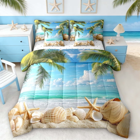 Manfei Beach Seashell Starfish Palm Tree Twin Bedding Sets for Kids Boys and Girls, Marine Life Print Bedding Comforter Set, Reversible 7-Piece