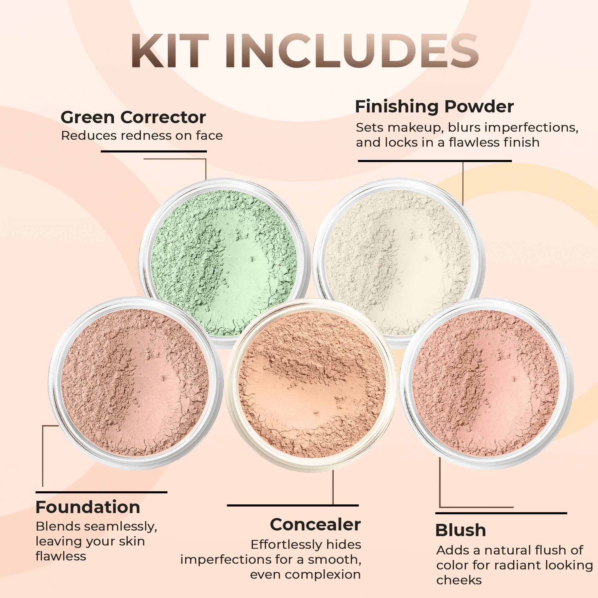 5pc KIT Mineral Makeup Bare Face Set Full Coverage Concealer Blush Foundation Illuminating Powder (Light Tan)