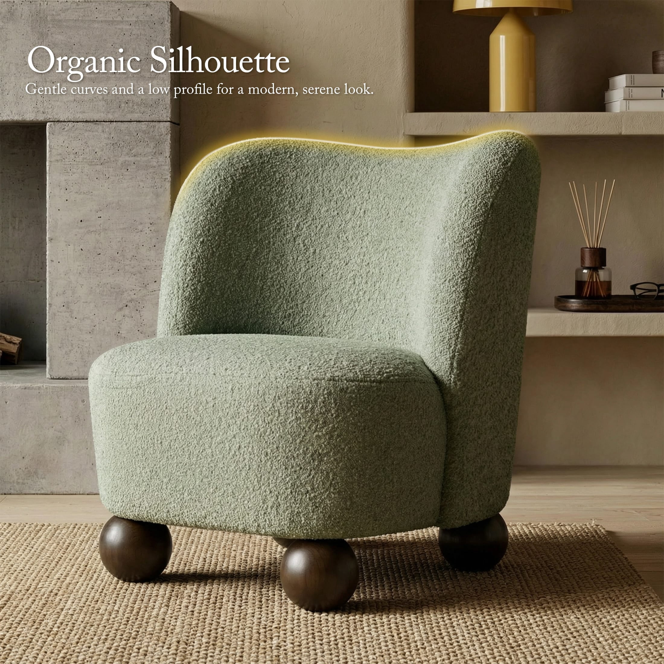 Aenkyo Contemporary Boucle Armless Accent Chair with Sculptural Wood Ball Feet, Green