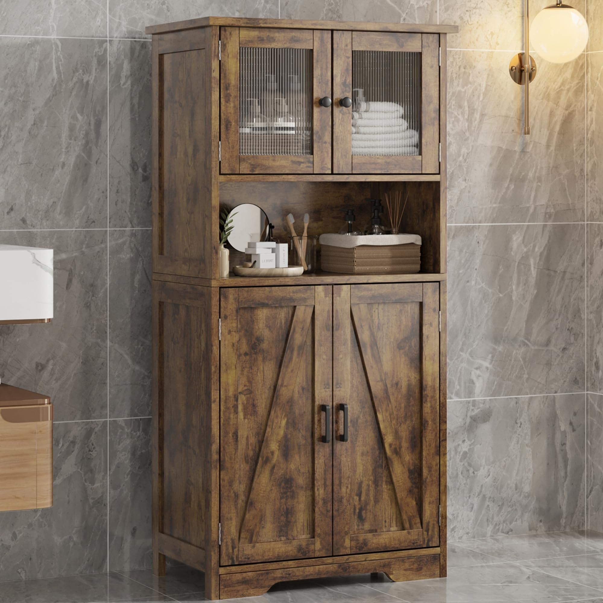 50.4in Tall Bathroom Cabinet, Farmhouse Storage Cabinet with Glass Doors and Adjustable Shelves, Freestanding Kitchen Pantry Cabinets, Cupboard for Living Room, Dining Room