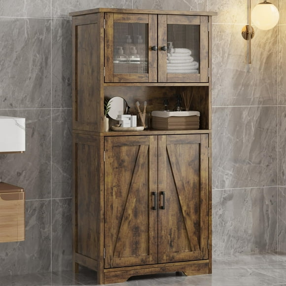 Bathroom Cabinet, 50.4" Storage Cabinet with Glass Doors and Adjustable Shelves, Freestanding Kitchen Pantry Cabinet, Farmhouse Floor Cabinet for Bathroom, Living Room, Dining Room