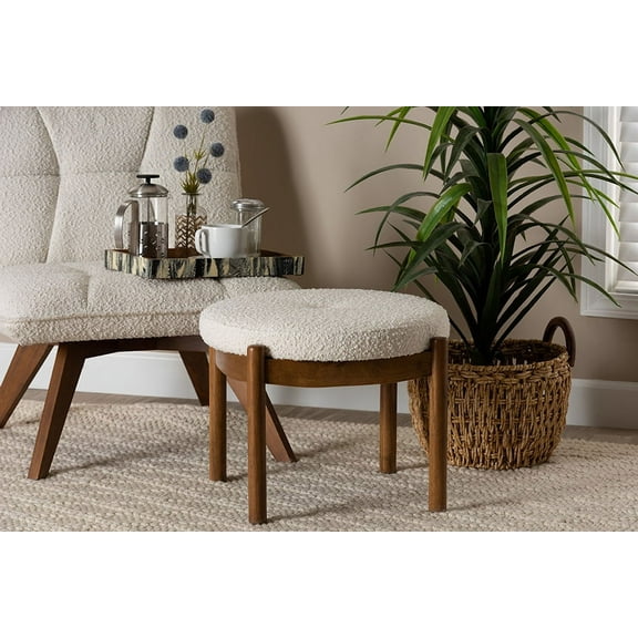 Baxton Studio Iliana Japandi Cream Boucle Fabric and Walnut Brown Finished Rubberwood Ottoman Footstool
