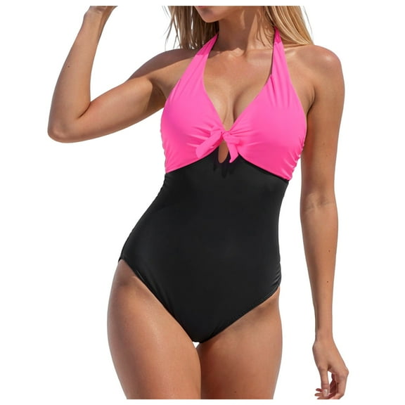 GEWSEY Women Sexy Tummy Control Deep V Neck One Piece Swimsuits Halter Push Up Bathing Suits (Red, M)