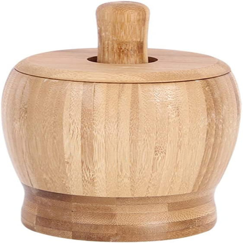 Mortar and Pestle Set with Lid Natural Bamboo Wood Pepper Garlic Herb