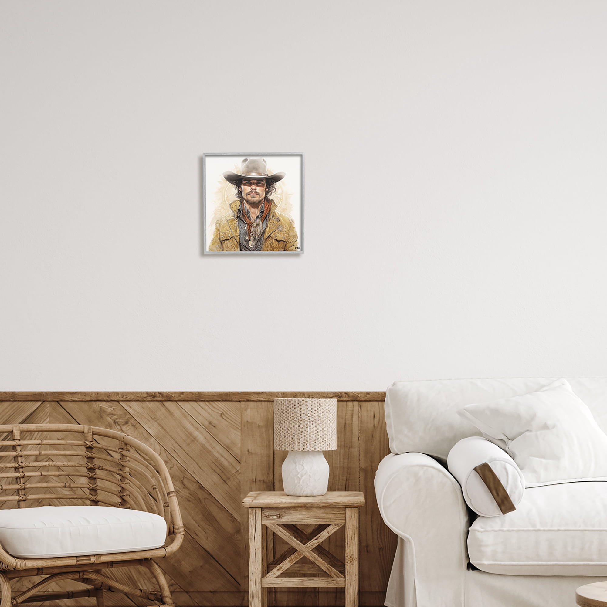 Stupell Industries Cowboy with Boho Pattern Abstract Painting Gray Framed Art Print Wall Art, 12 x 12