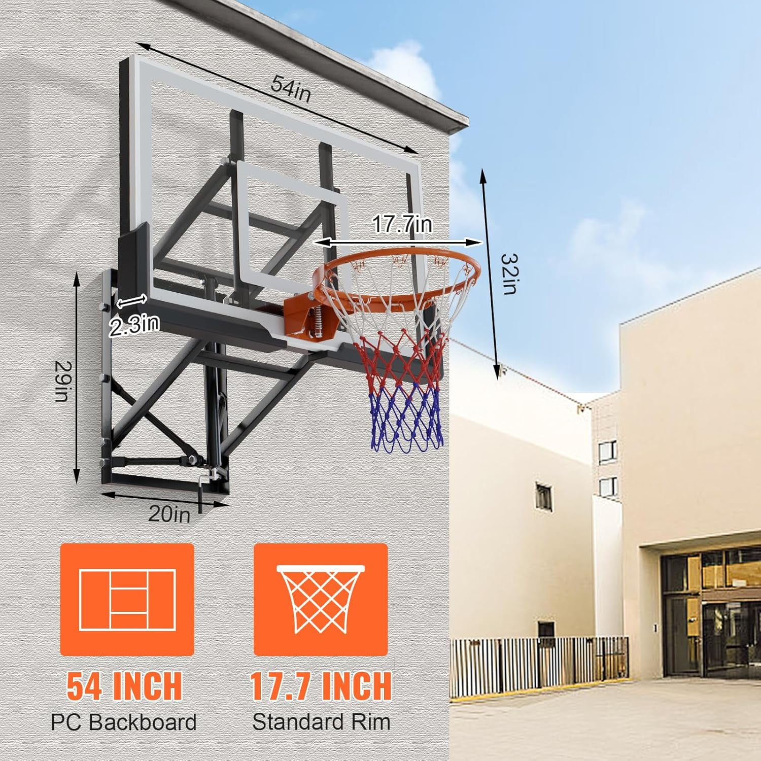 Selooye 54 Inch Wall Mounted Basketball Backboard, Adjustable-Height Backboard and Rim Combo, Outdoor Wall Mount Basketball Hoop Fit Most Slanting Roofs