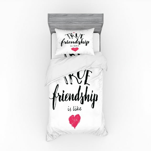 Ambesonne Saying Bedding Set 3 Pcs, True Friendship and Heart, Twin, Black White and Pink