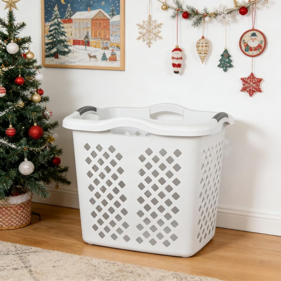 2-bushel capacity laundry baskets with silver handles, white, 2-PACK