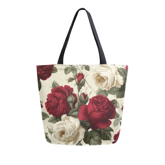 Open Top Canvas Tote Bag with Zipper Reusable Shopping Bag 13.5x15" Roomy Carryall Red and White Roses