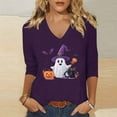 thumbnail image 2 of aohooy Womens Halloween Tops Loose 3/4 Sleeve Funny Graphic T-Shirts Casual V Neck Witch Pumpkin Ghost Tunic Tops Purple,XL, 2 of 5