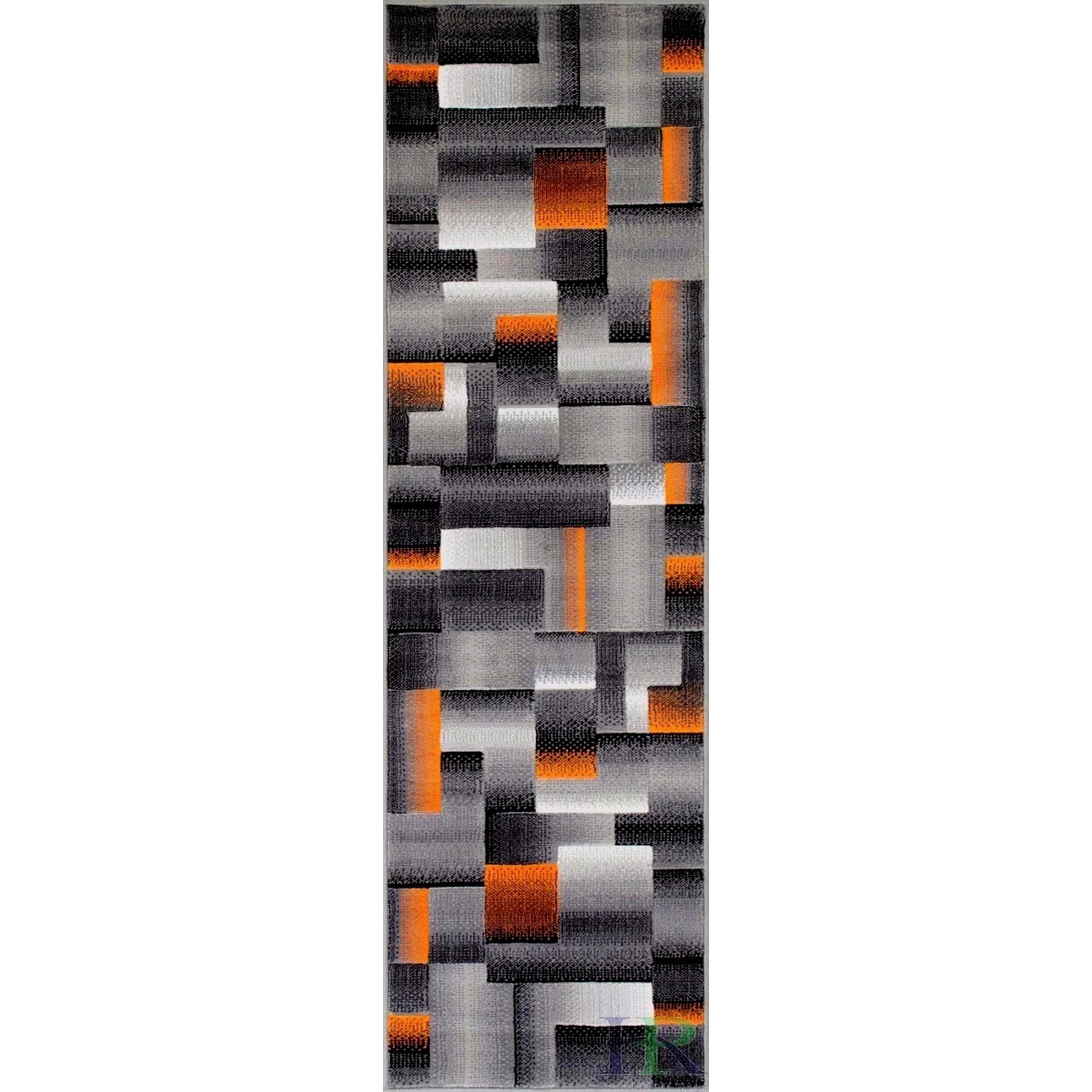 HR HANDCRAFT RUGS HR Electric Orange/Grey/Silver/Black/Abstract Area Rug Modern Contemporary Geometric Cube Square Design 2x7 feet Runner