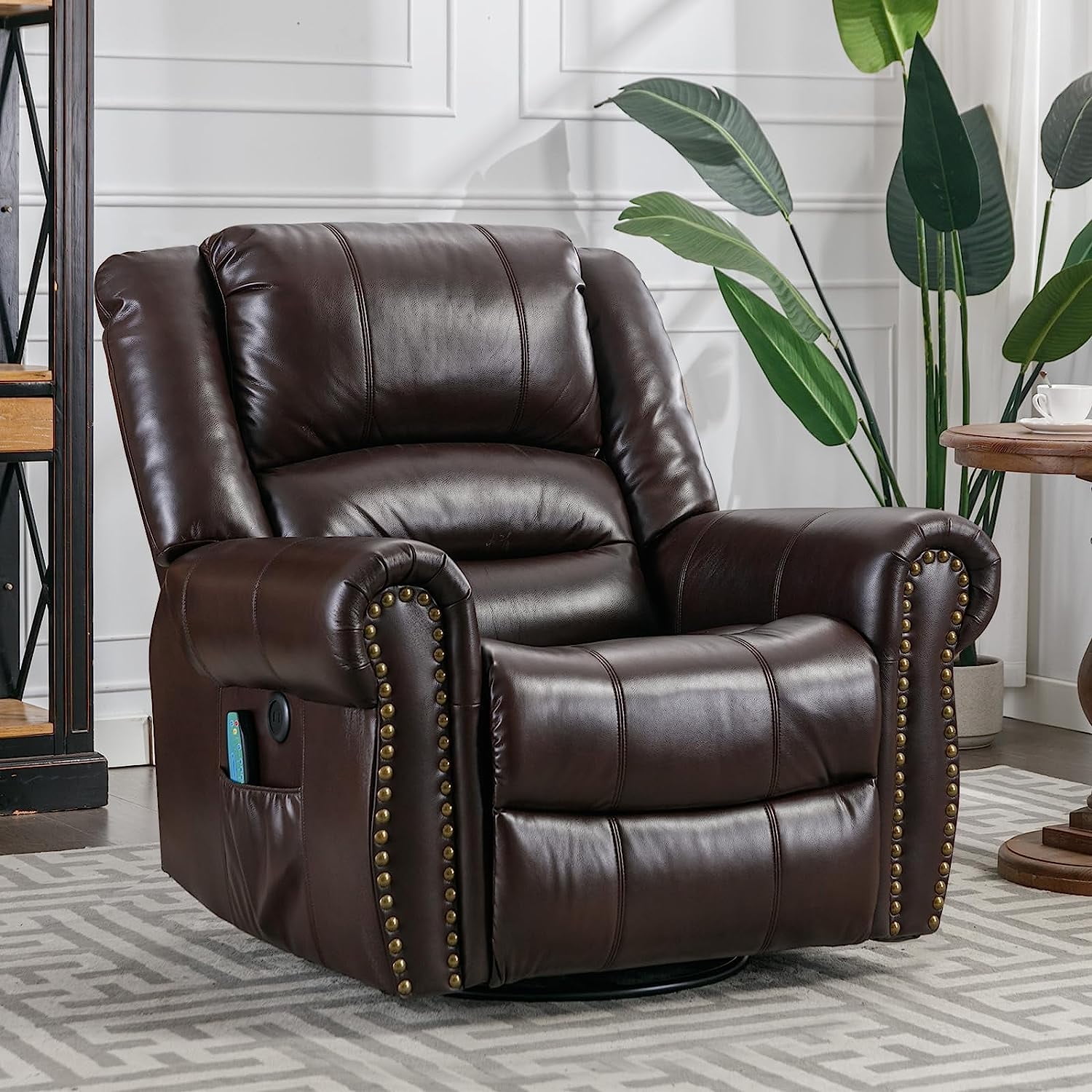 SOCIALCOMFY Leathaire Manual Swivel Glider Rocker Recliner, Brown