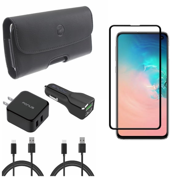 Galaxy S10e Fast Home Car Charger w Screen Protector w Case Belt Clip - USB Cable Type-C 6ft Long, Tempered Glass 5D Curved Edge, Leather Holster Cover for Samsung Galaxy S10e Phone