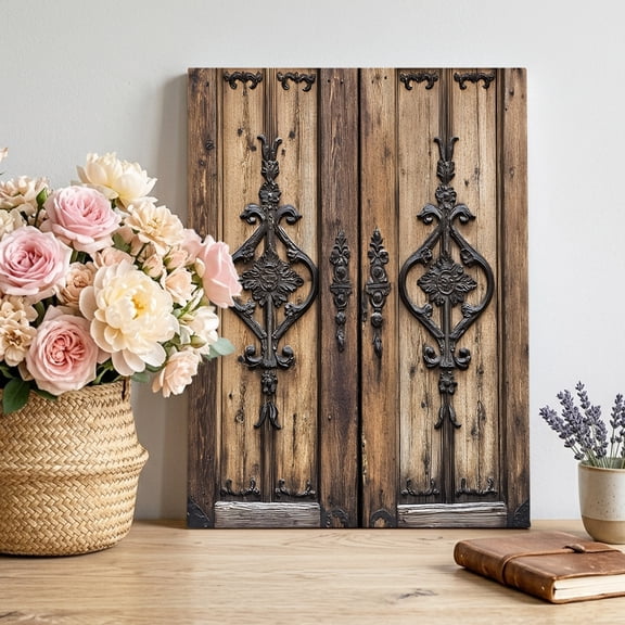 Canvas Wall Art, Wooden Plank Framed Canvas Prints for Living Room Bedroom, Rustic Farmhouse Brown Black Barn Door Large Gallery Wrapped Wall Decor for Home Office, Gifts, 16"x20" Ship Next Day