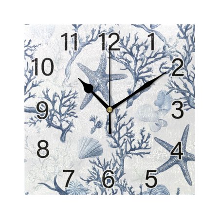 Ryvnso Starfish Coral Wall Clock Square Silent Non-Ticking Battery Operated 7.78