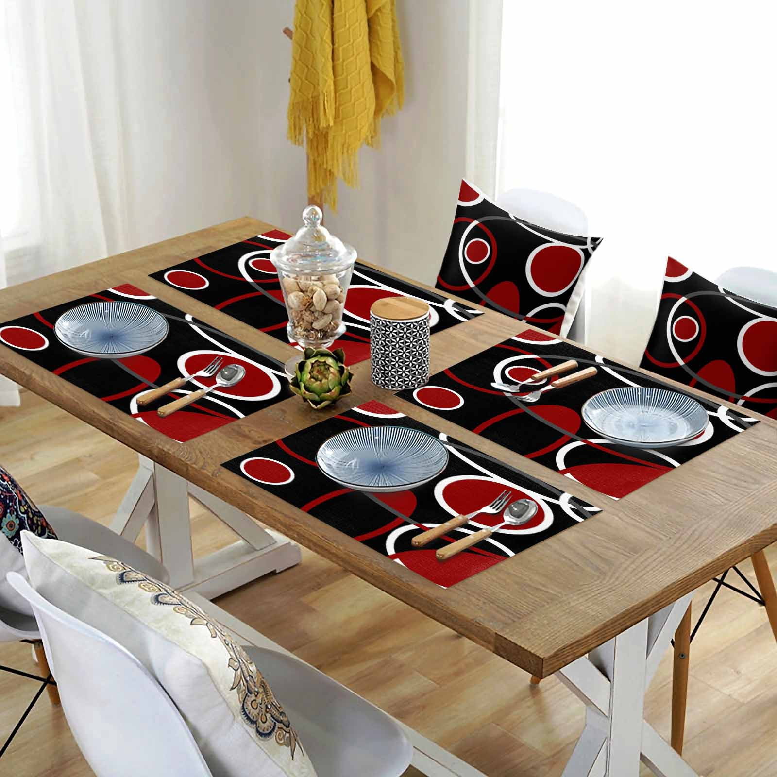 Placemats Set of 4, Black Red Circle Placemats Set of 4, Geometri Stripe Lines Abstract Art Tablemats Placemat Table Decoration for Kitchen Table Dinner Party Home Decor Indoor Outdoor 13x19 Inch