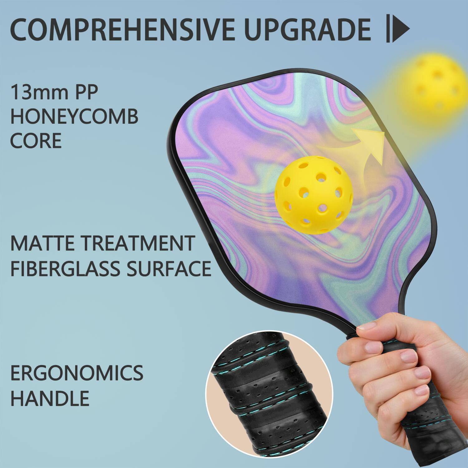 Pickleball Paddles Set Of 2, Fiberglass Surface, Liquid & Marble Print, 4 Balls & Bag