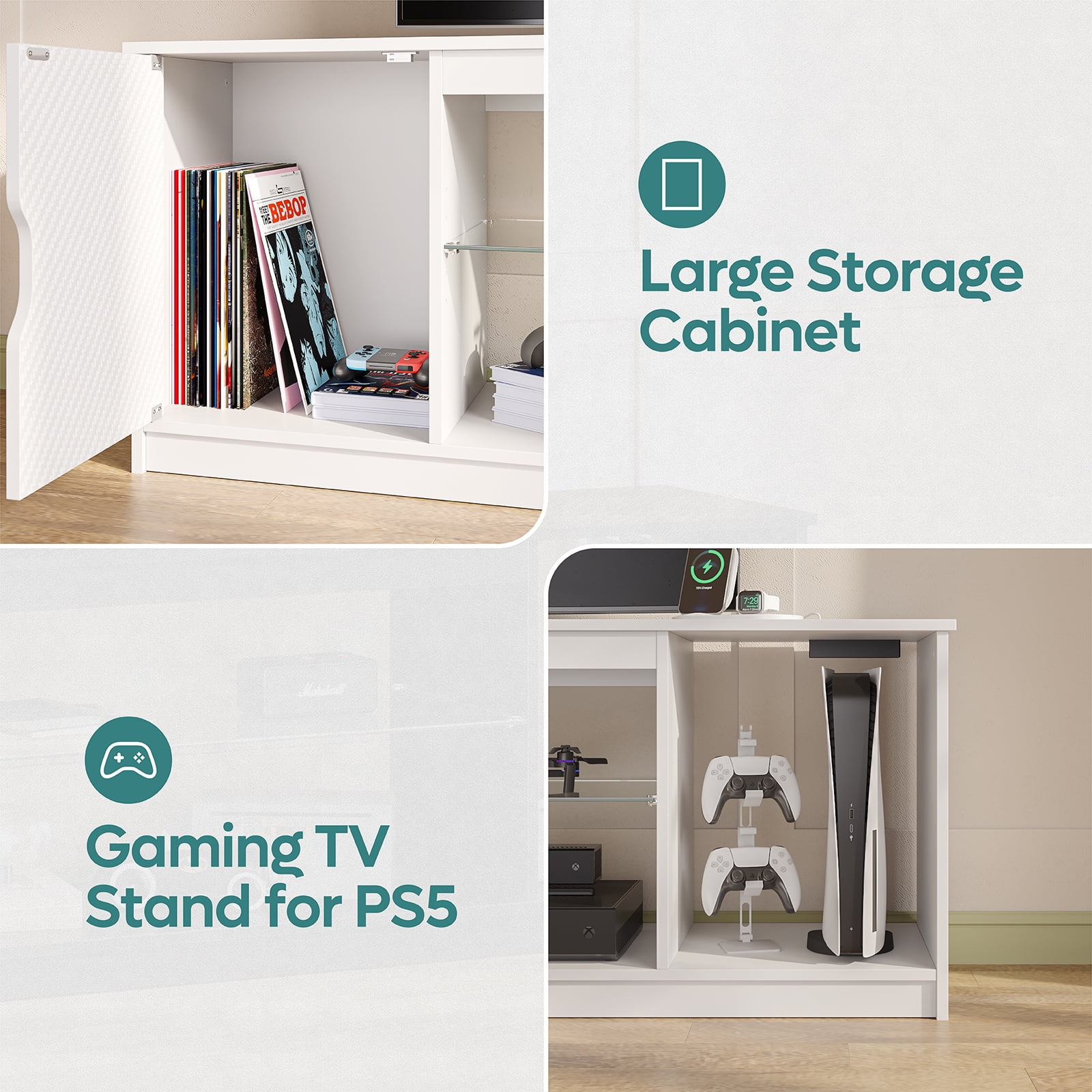 Bestier LED TV Stand for TVs up to 65", Entertainment Center with Power Outlet & Storage Cabinet, White